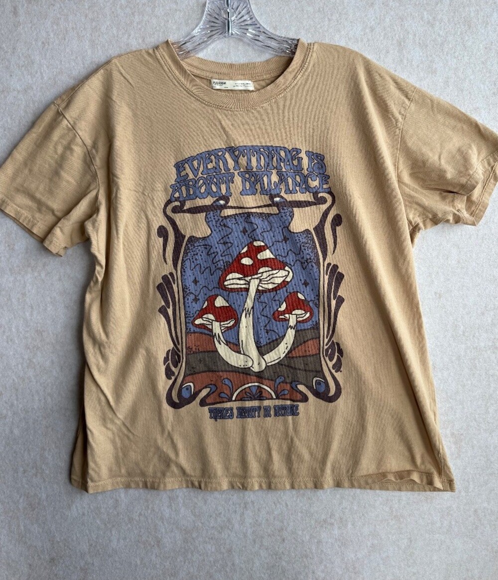 Pull&Bear Mushroom Graphic T Shirt Women’s M Tan Psychedelic Cottagecore Tee